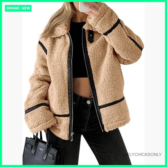Faux Fur Jacket with Sherpa Lining and Leather Patchwork